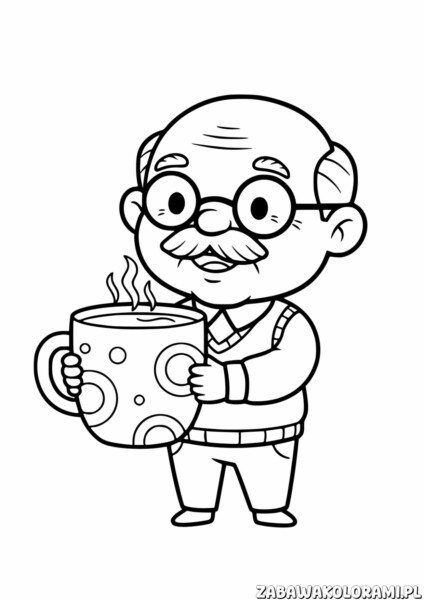 Kolorowanka Dzień Dziadka - Dziadek z kubkiem herbaty czeka na Twoje kolory