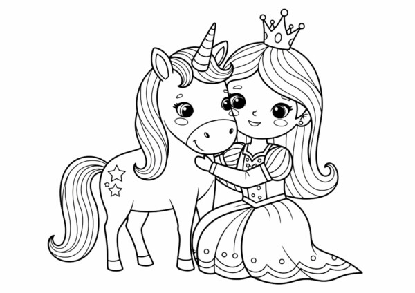 Kolorowanki księżniczki do druku przedstawiają księżniczkę z jednorożcem