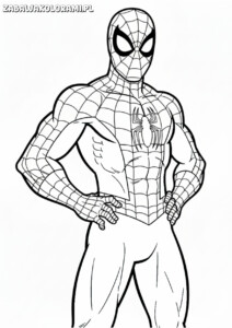 Kolorowanka Spiderman do druku przedstawia superbohatera w ikonicznym stroju z pająkiem na klatce piersiowej