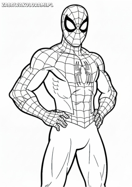 Kolorowanka Spiderman do druku przedstawia superbohatera w ikonicznym stroju z pająkiem na klatce piersiowej