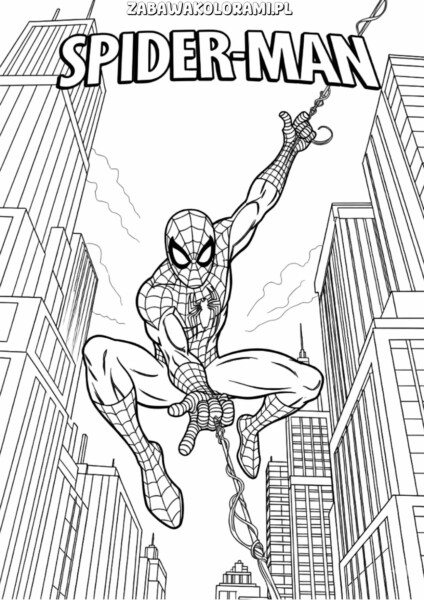 Kolorowanka Spiderman Uniwersum - Spiderman wiszący na sieci w mieście