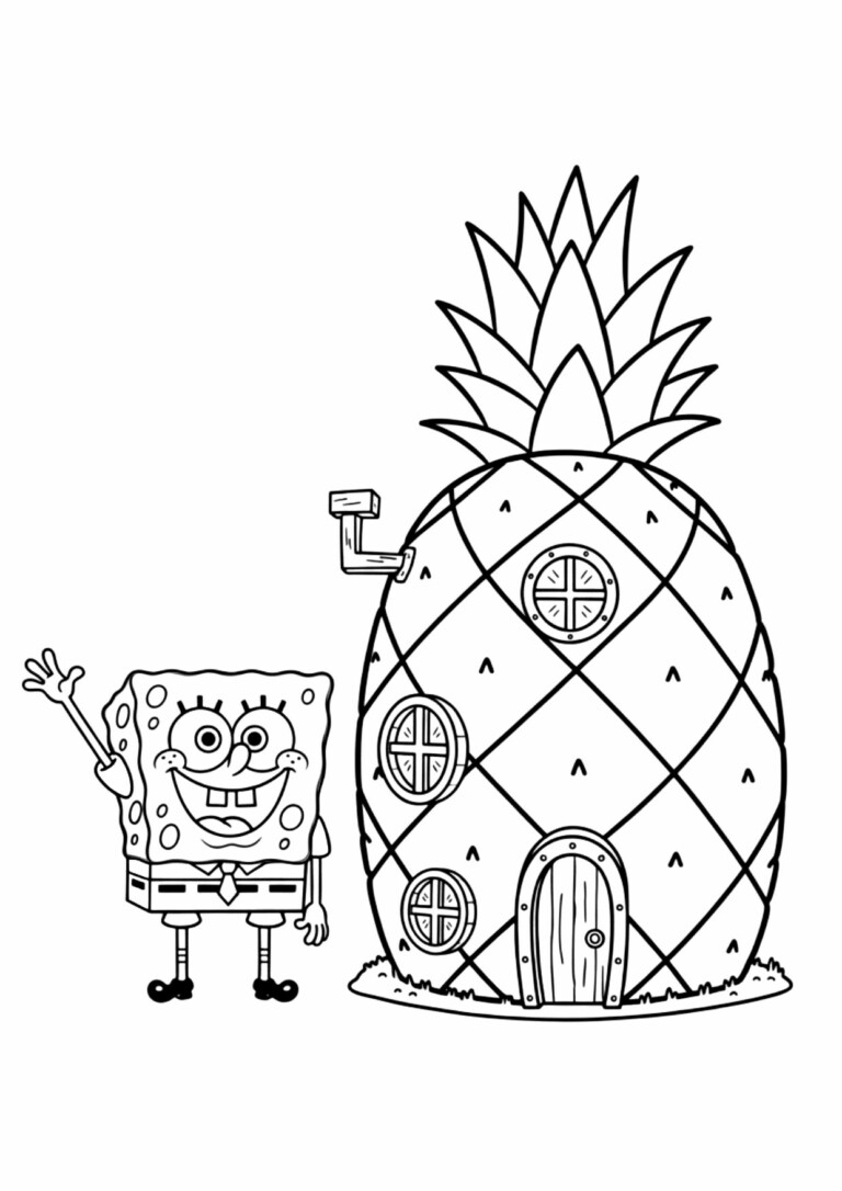 Kolorowanka Spongebob - Spongebob wesoło macha przy swoim domu w kształcie ananasa z okienkami i anteną