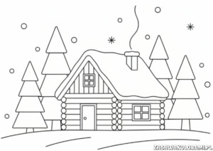Kolorowanki zima z chatką w lesie