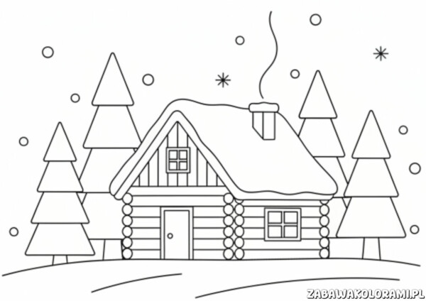 Kolorowanki zima z chatką w lesie