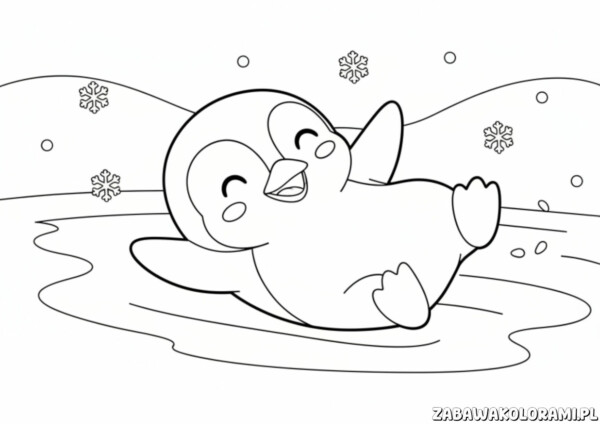Kolorowanka zima do druku - Puszysty pingwin na lodzie