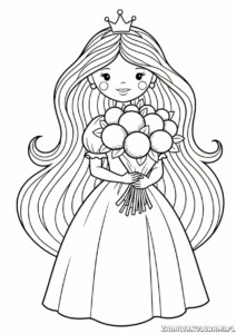 Księżniczki Kolorowanka przedstawia księżniczkę z kwiatami i długimi włosami