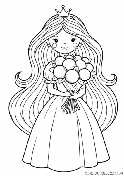 Księżniczki Kolorowanka przedstawia księżniczkę z kwiatami i długimi włosami