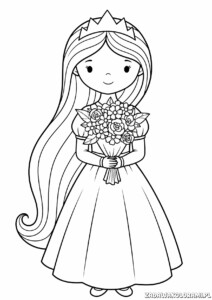 Księżniczki Kolorowanki do druku - księżniczka w długiej sukni i diademie z bukietem kwiatów