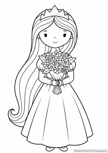 Księżniczki Kolorowanki do druku - księżniczka w długiej sukni i diademie z bukietem kwiatów