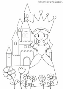 Księżniczki kolorowanka - księżniczka w długiej sukience i koronę stoi przed zamkiem z wieżami