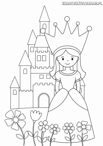 Księżniczki kolorowanka - księżniczka w długiej sukience i koronę stoi przed zamkiem z wieżami