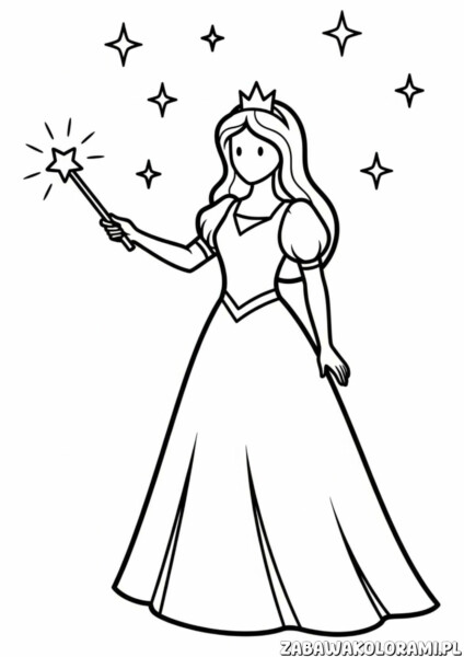Księżniczki prosta kolorowanka dla dzieci - księżniczka z magiczną różdżką