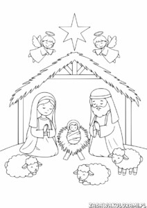 Narodziny Jezusa – kolorowanka religijna z Maryją, Józefem, aniołami i owcami
