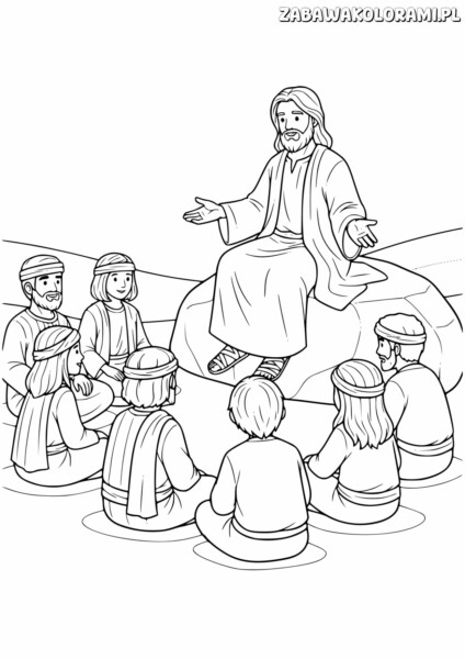Nauczanie Jezusa - Kolorowanka religijna z grupą słuchaczy.