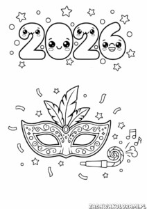 Nowy Rok 2026 Kolorowanka – kolorowanka z maską, gwiazdkami i notami muzycznymi