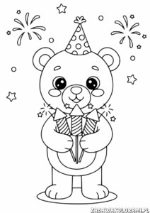 Nowy rok - kolorowanka z miśkiem w kapeluszu i bombkami