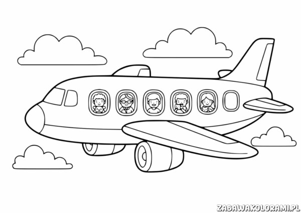 Samolot pasażerski kolorowanka z uśmiechniętymi pasażerami za okienkami