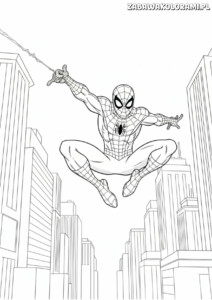 Spiderman kolorowanki PDF - Spiderman wiszący na sieci między budynkami
