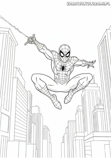 Spiderman kolorowanki PDF - Spiderman wiszący na sieci między budynkami