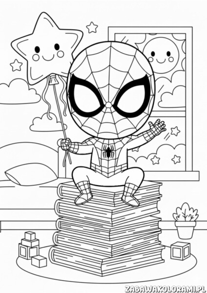 Spiderman kolorowanki dla dzieci - superbohater z latawcem i książkami