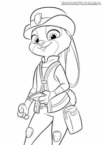 Zootopia kolorowanka przedstawia Judy Hopps w mundurze z kapeluszem i narzędziem.