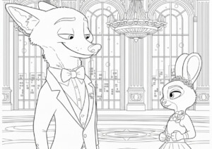 Zwierzogród 2 kolorowanka przedstawia lisa i zająca w eleganckich strojach balowych
