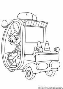 Zwierzogród kolorowanka przedstawia królika w pojazdzie z stożkami na platformie