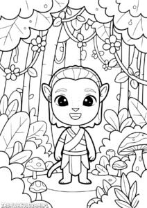 Avatar Kolorowanka przedstawia postać w lesie otoczoną roślinami i grzybami