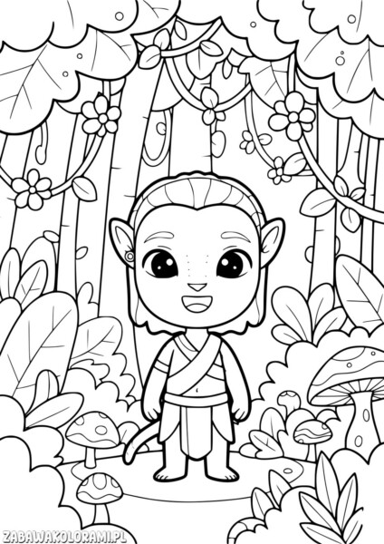 Avatar Kolorowanka przedstawia postać w lesie otoczoną roślinami i grzybami