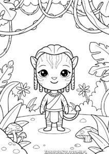 Avatar Kolorowanki przedstawia Avatara w lesie z roślinami i grzybami