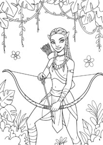 Avatar Kolorowanka - Avatara z łukiem i strzałą w lesie