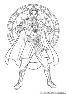 Avengers Kolorowanka – Doktor Strange. Magiczny bohater w charakterystycznym stroju z symbolami i geometrycznymi wzorami.