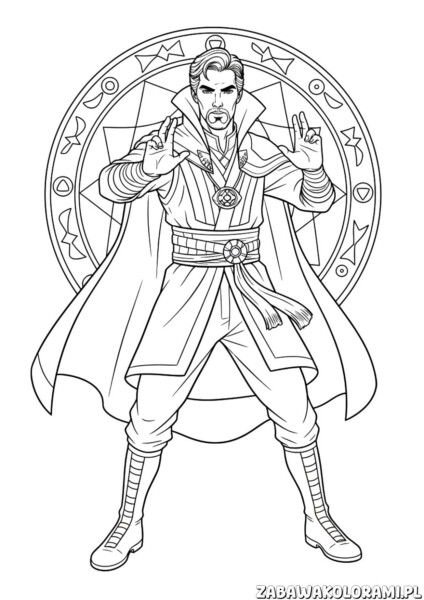 Avengers Kolorowanka – Doktor Strange. Magiczny bohater w charakterystycznym stroju z symbolami i geometrycznymi wzorami.