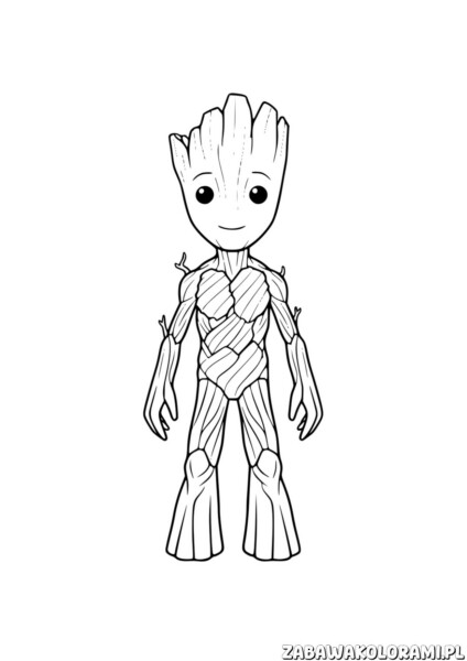 Kolorowanka Avengers – Groot: Groot z Marvela Avengers gotowy do pomalowania.