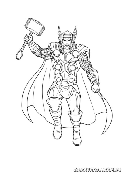 Kolorowanka Avengers – Thor: Superbóg z młotem Mjolnir w dynamicznej pozie