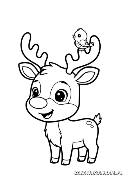 Kolorowanka Renifer: renifer z ptaszkiem na rogach