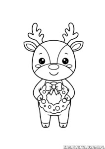 Kolorowanka Renifer z wieńcem - renifer trzyma wieniec z kokardą. Kolorowanka dla dzieci.