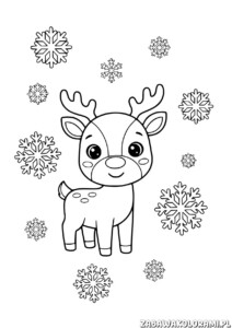 Kolorowanka Reniferek z płatkami śniegu - kolorowanka z reindeerkiem i śnieżyczkami