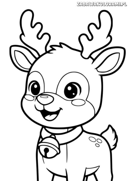 Kolorowanka Renifery przedstawia reniferkę z uśmiechem i dzwonkiem na szalikach