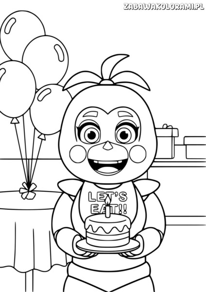 Kolorowanka fnaf do druku z Freddy'ego z tortem i balonami