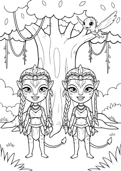 Kolorowanki Avatar do wydruku przedstawiające dwie postacie w magicznej scenerii leśnej z istotą przypominającą wróżkę.