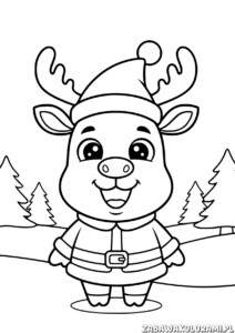 Kolorowanki Renifer przedstawiają renifera w czapce i kurtce, otoczonego choinkami, gotowego do kolorowania.