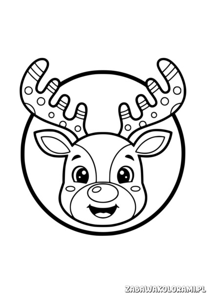 Kolorowanki Renifery do druku - kolorowanka z reniferką o uśmiechniętej twarzy.