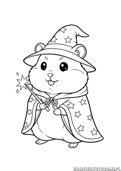 Magiczny chomik kolorowanka - czarodziej z różdżką i gwiazdkowym kapeluszem