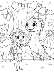 Neytiri głaszcząca Bansa – kolorowanka z Avatar. Dziewczyna z długimi warkoczami i przyjacielski smok w dżungli.