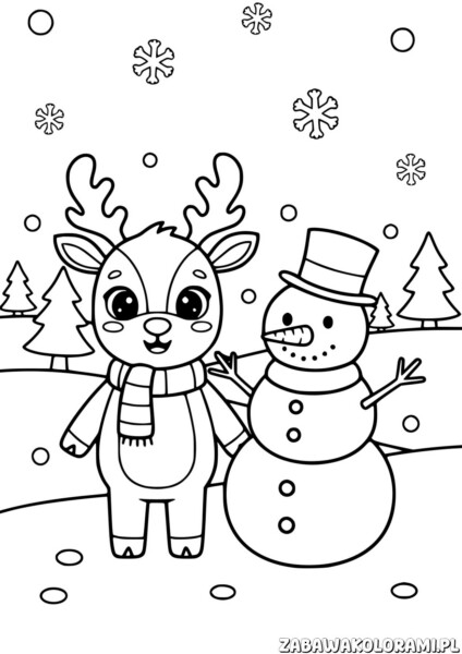Renifer Kolorowanka - renifer i bałwan w zimowym pejzażu