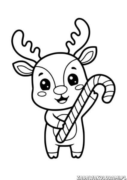 Renifer Malowanka do druku - kolorowanka z reniferem trzymającym baton