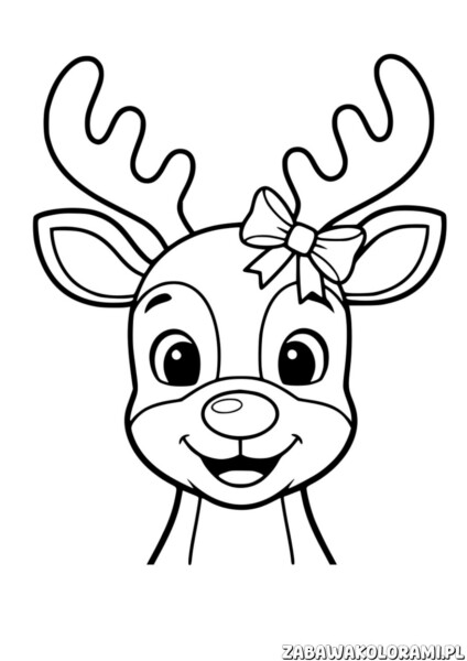 Renifer do druku - kolorowanka z reniferem i wstążką na porożach