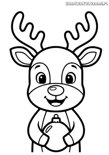Renifer do wydruku - kolorowanka z radosnym reniferem trzymającym ozdobę świąteczną