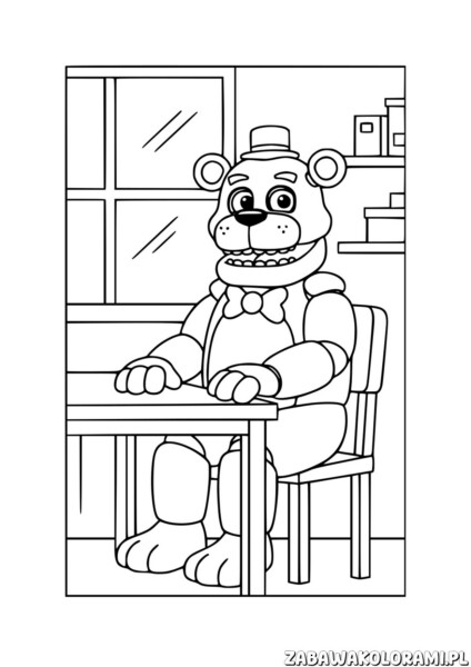 Złoty Freddy – Kolorowanka FNAF: misio w kapeluszu i krawacie uśmiecha się przy biurku
